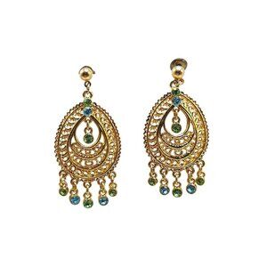 Joan Rivers Gold Tone Filigree Drop Earrings W/ Green & Blue Rhinestones
